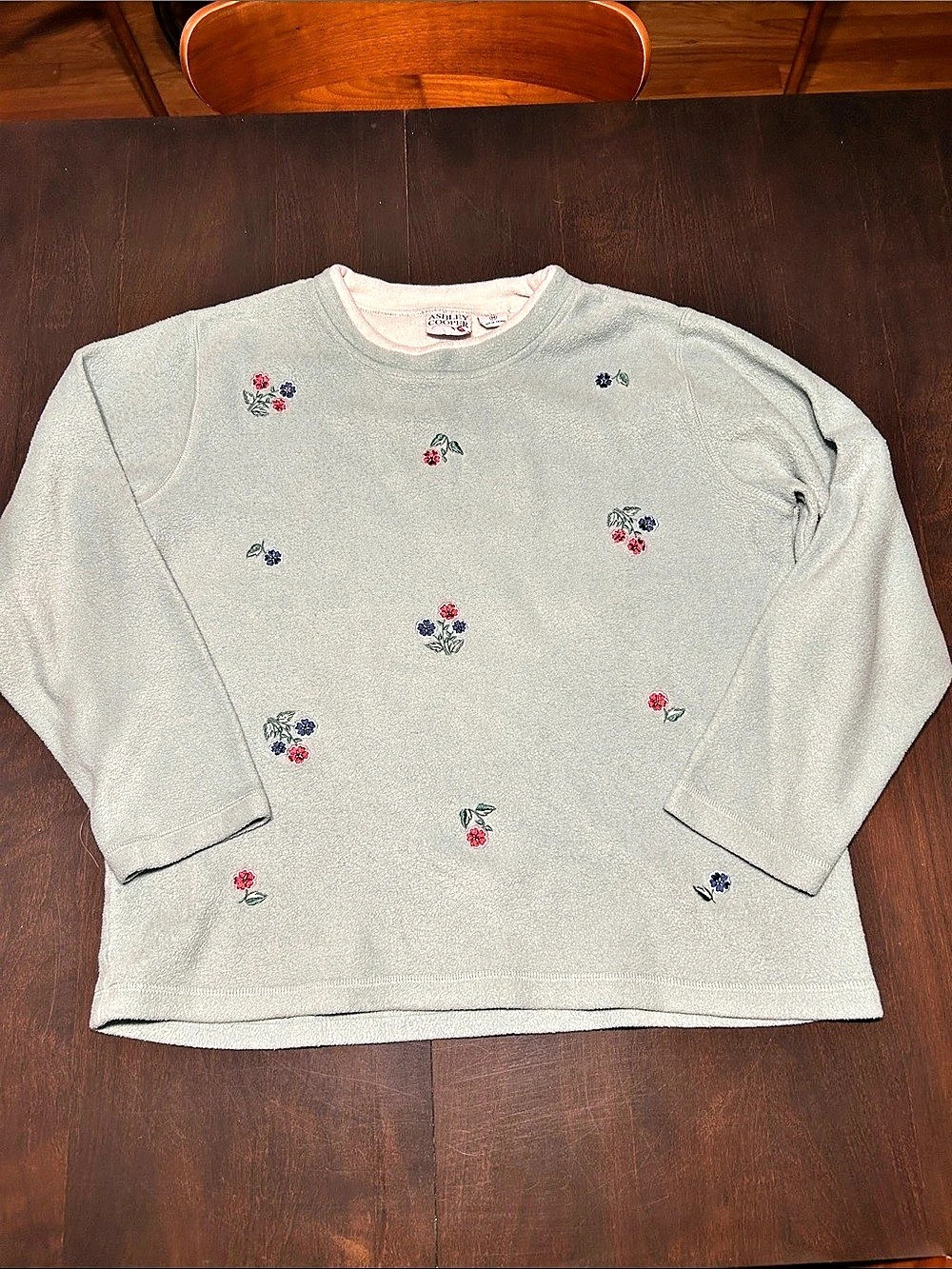 Ashley Cooper Floral Fleece Pullover in Green with Embroidered Floral Pattern